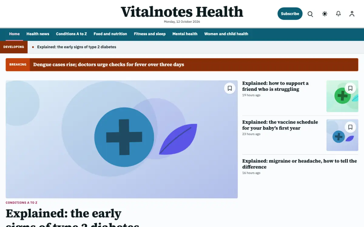 Vitalnotes — Health News website template, desktop view
