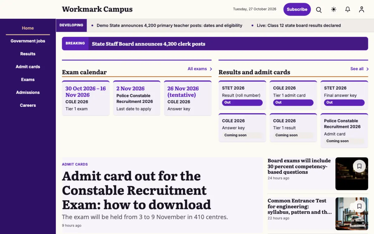 Workmark — Education News website template, desktop view