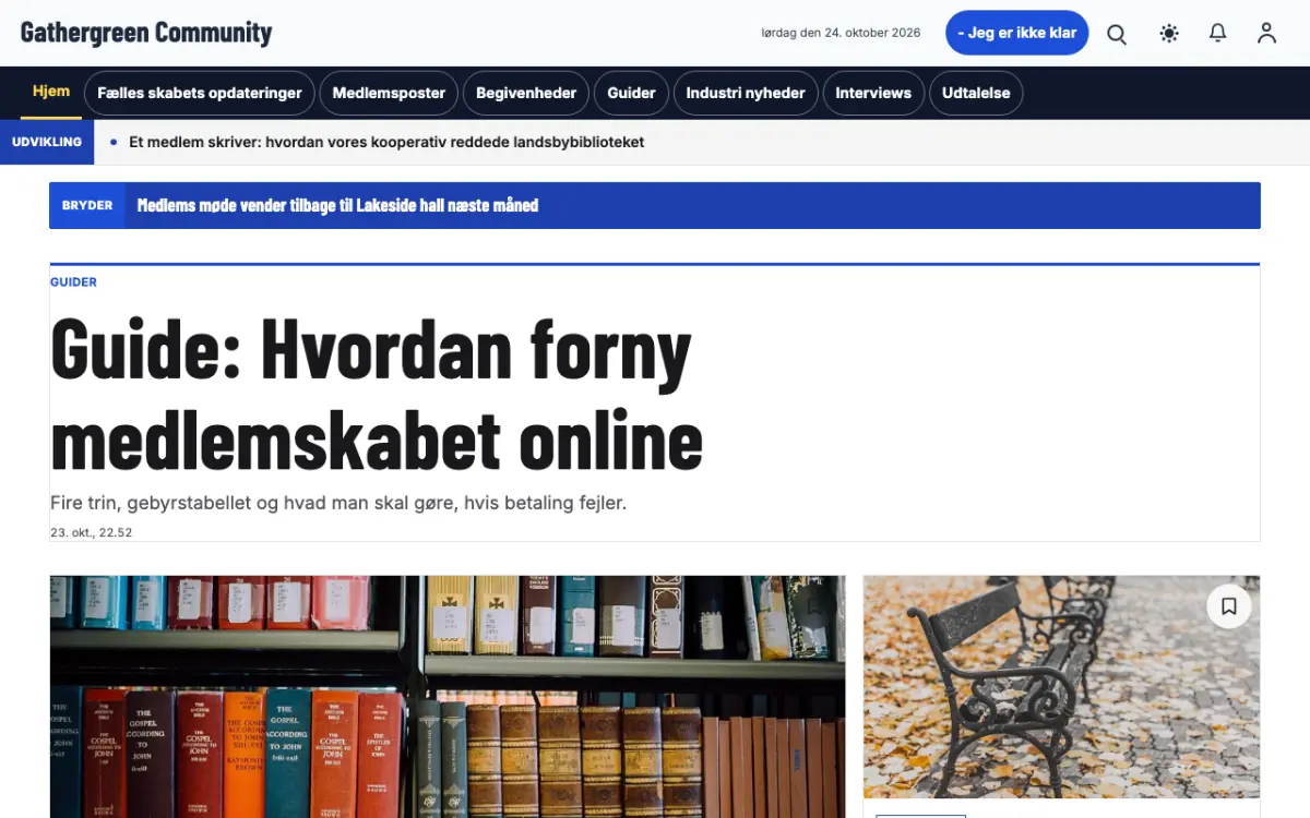 Gathergreen – hjemmesideskabelon til Fællesskab News, skrivebordsvisning