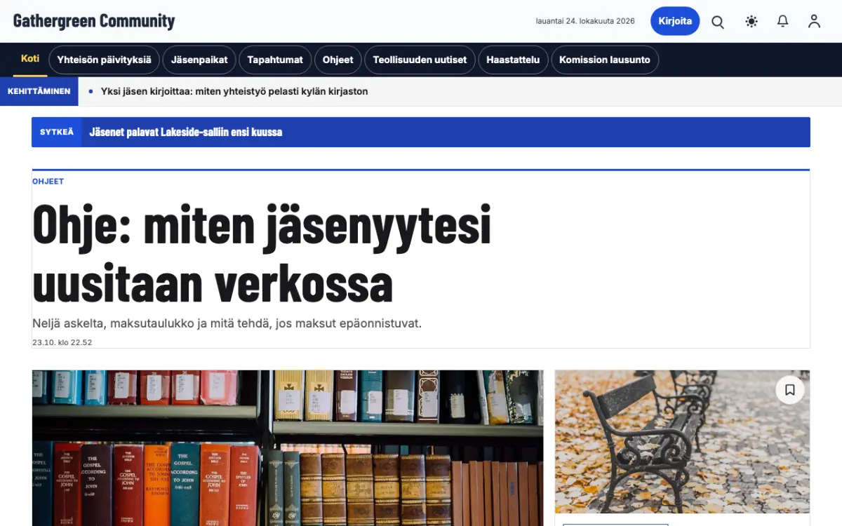 Gathergreen – verkkosivumalli (Yhteisö News), työpöytänäkymä