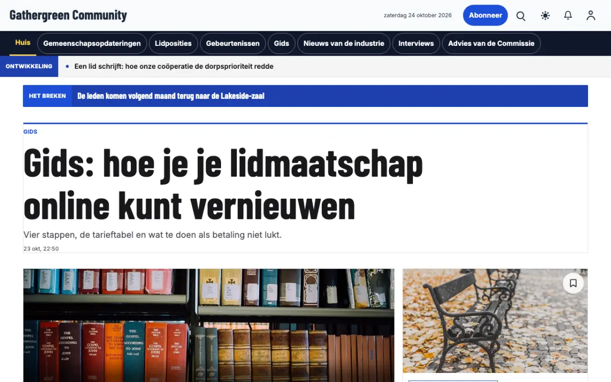 Gathergreen – websitetemplate voor Communitynieuws, desktopweergave