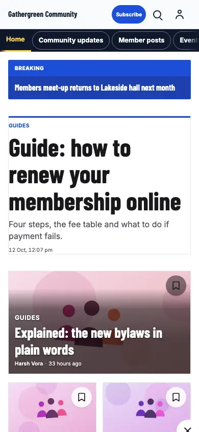 Gathergreen — Community News app, phone view