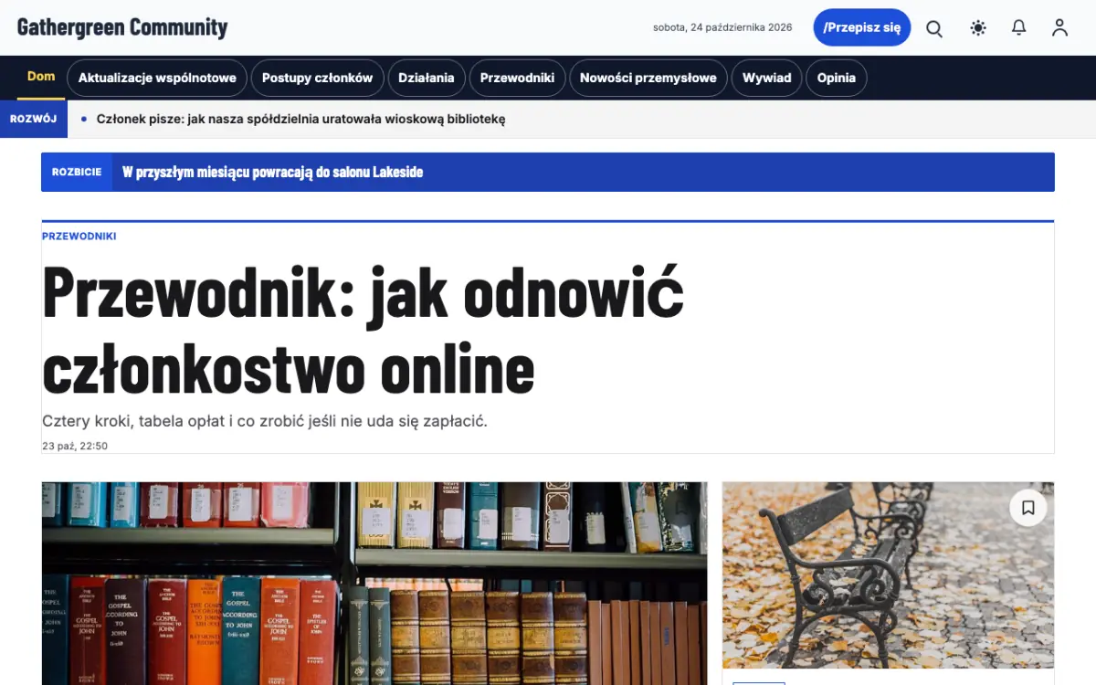 Gathergreen – szablon strony (Społeczność: wiadomości), widok na komputerze