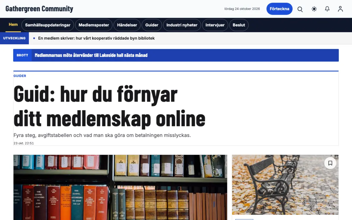 Gathergreen – webbplatsmall för Gemenskap News, skrivbordsvy