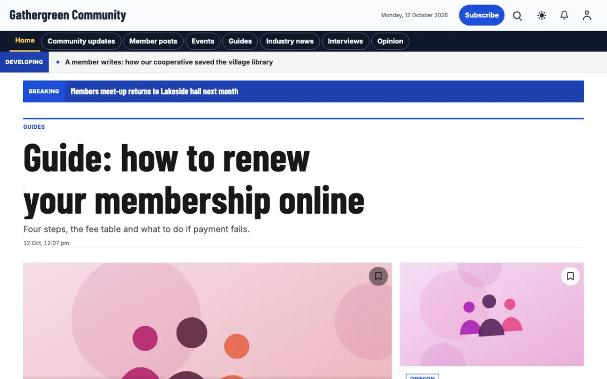 Gathergreen — Community News website template, desktop view