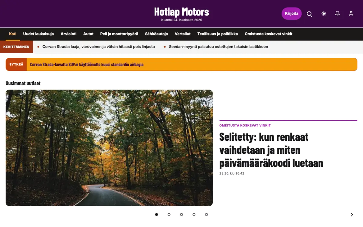 Hotlap – verkkosivumalli (Autot News), työpöytänäkymä