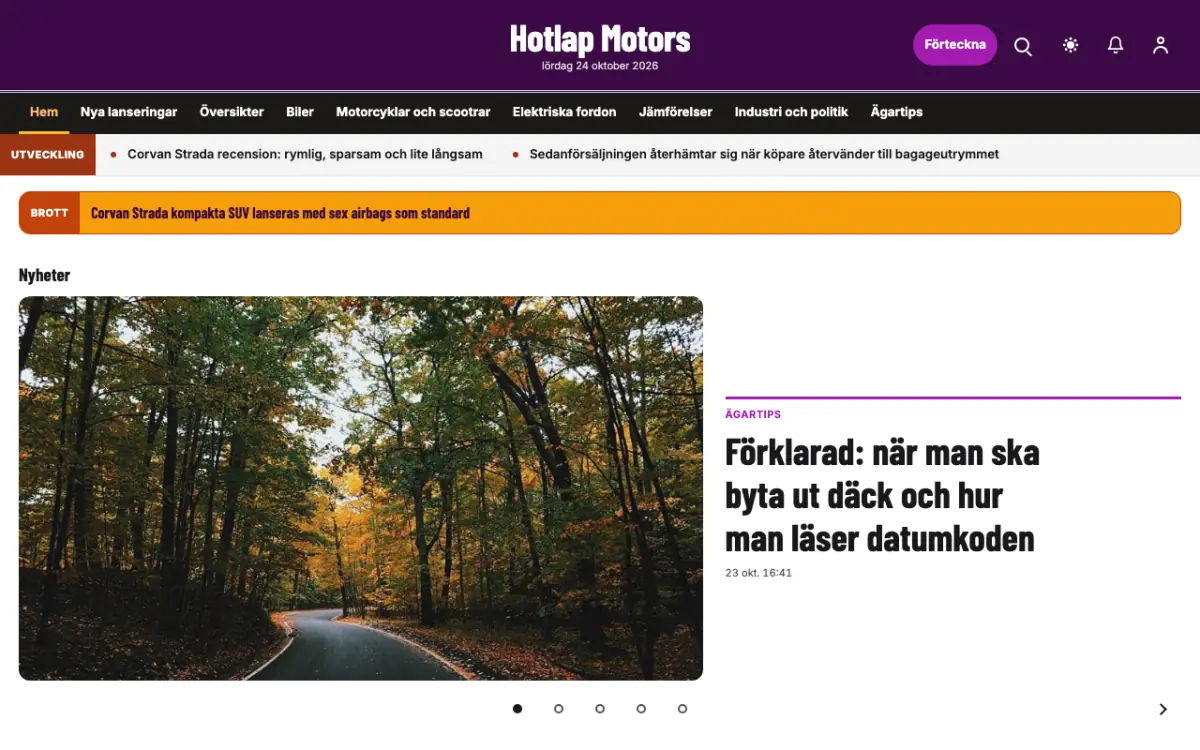 Hotlap – webbplatsmall för Fordon News, skrivbordsvy
