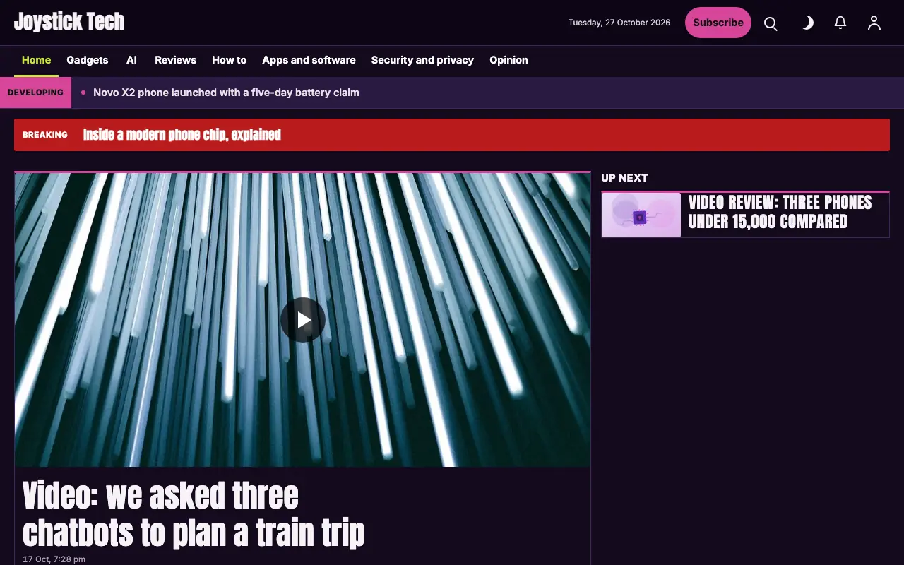 Joystick — Technology News website template, full desktop view