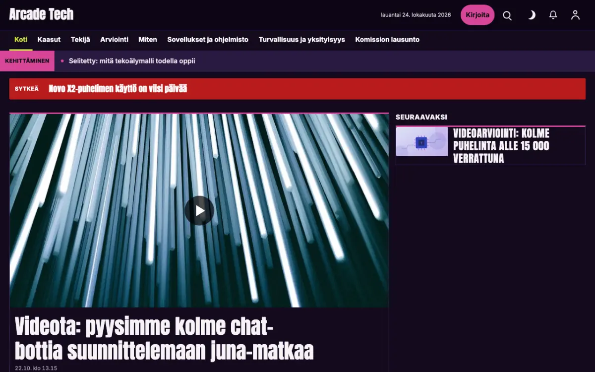 Joystick – verkkosivumalli (Teknologia News), työpöytänäkymä
