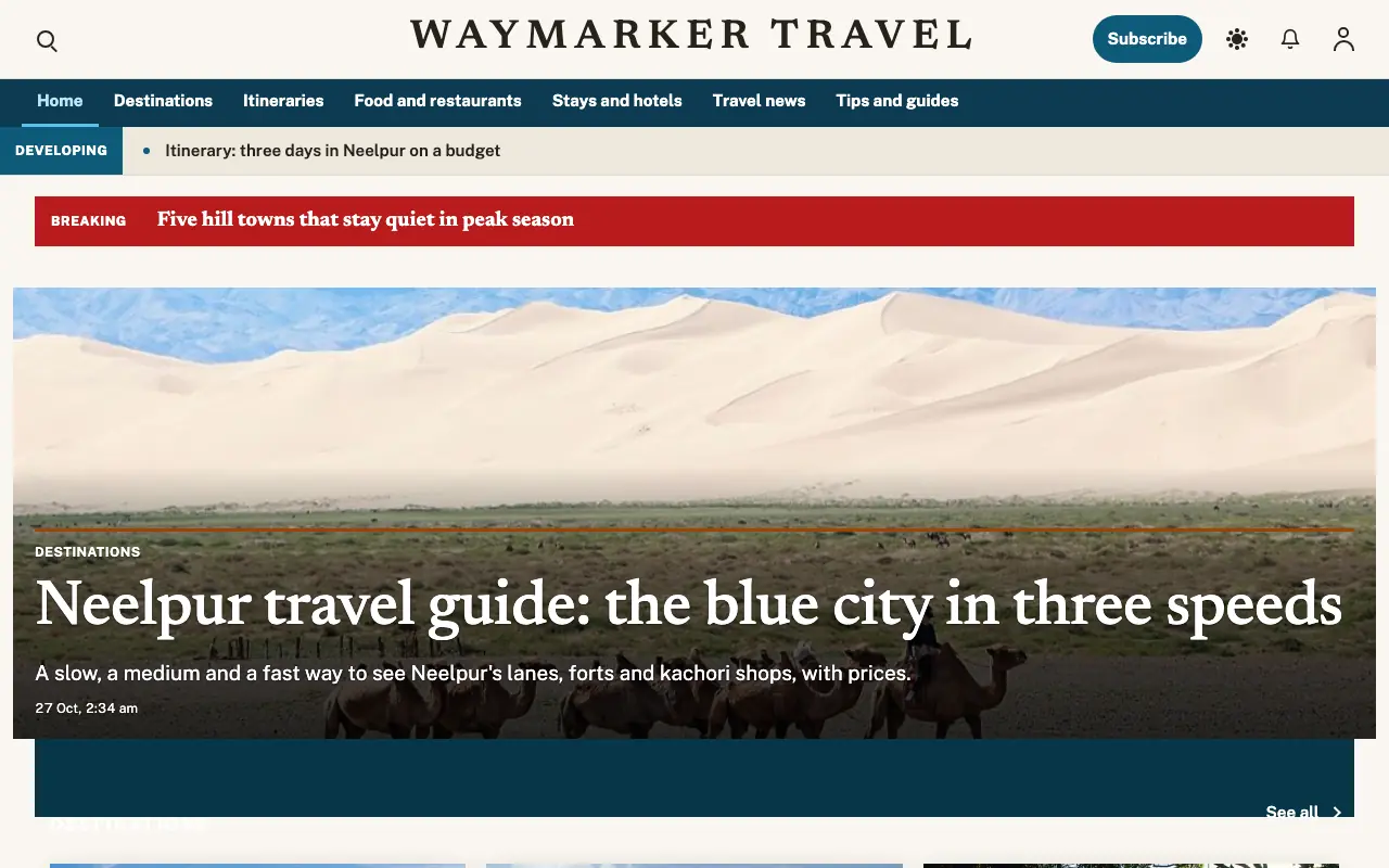 Waymarker — Travel News website template, full desktop view