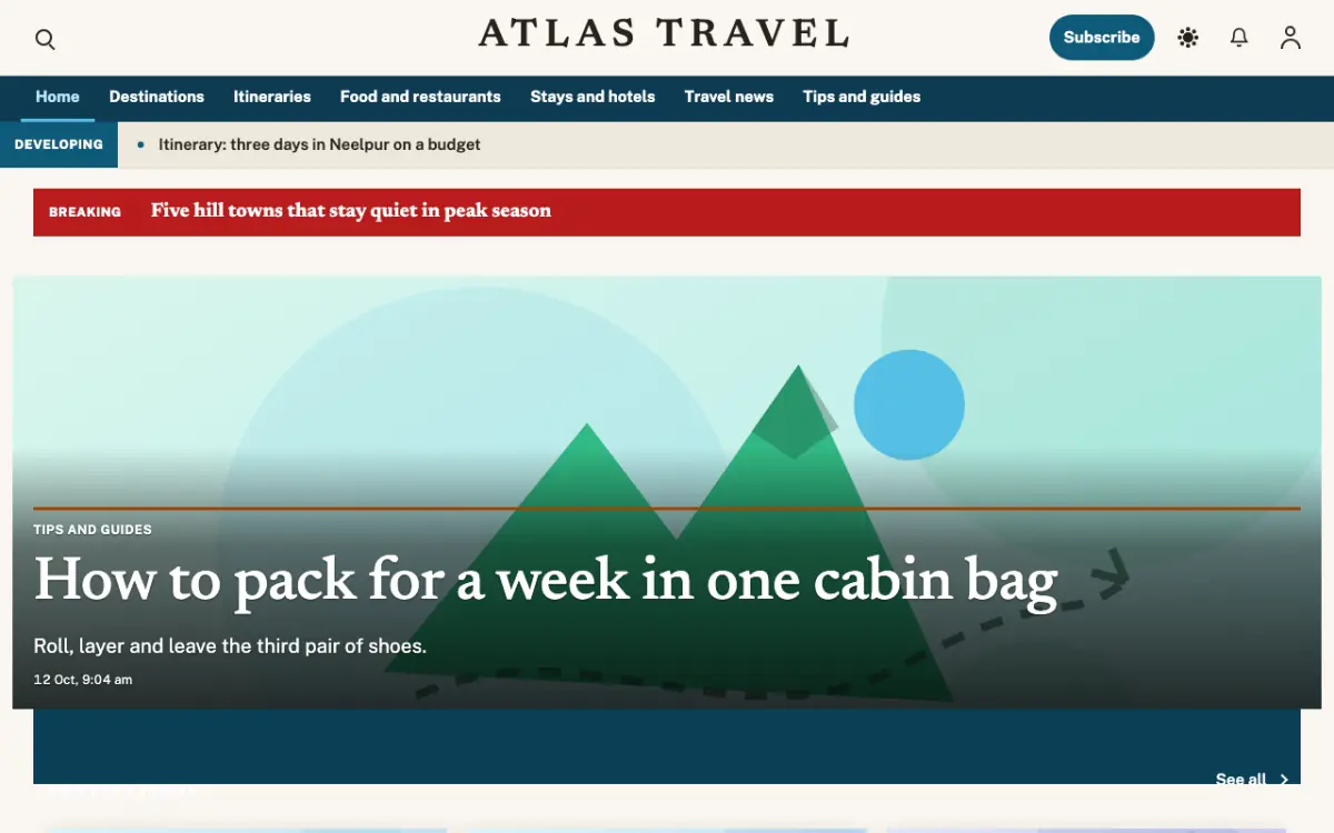 Waymarker — Travel News website template, desktop view