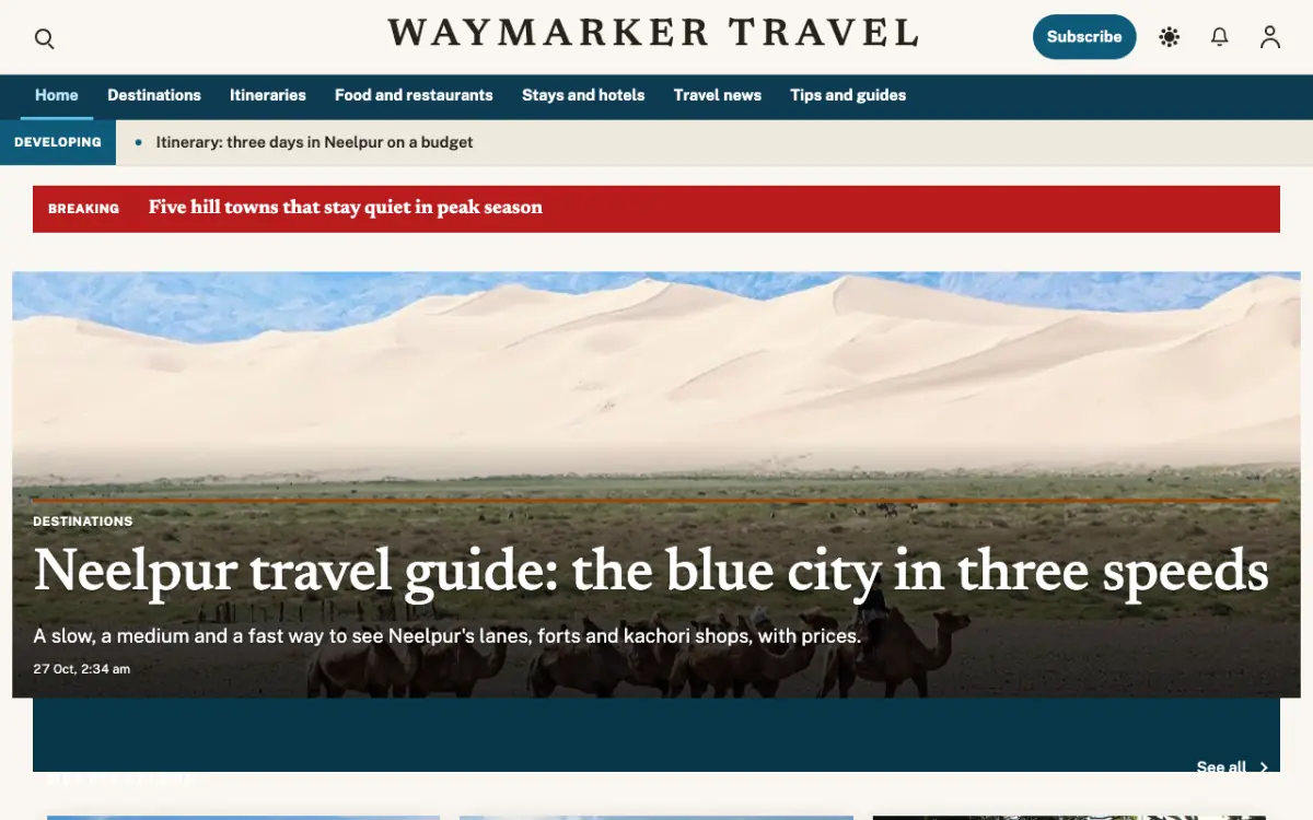Waymarker — Travel News website template, desktop view