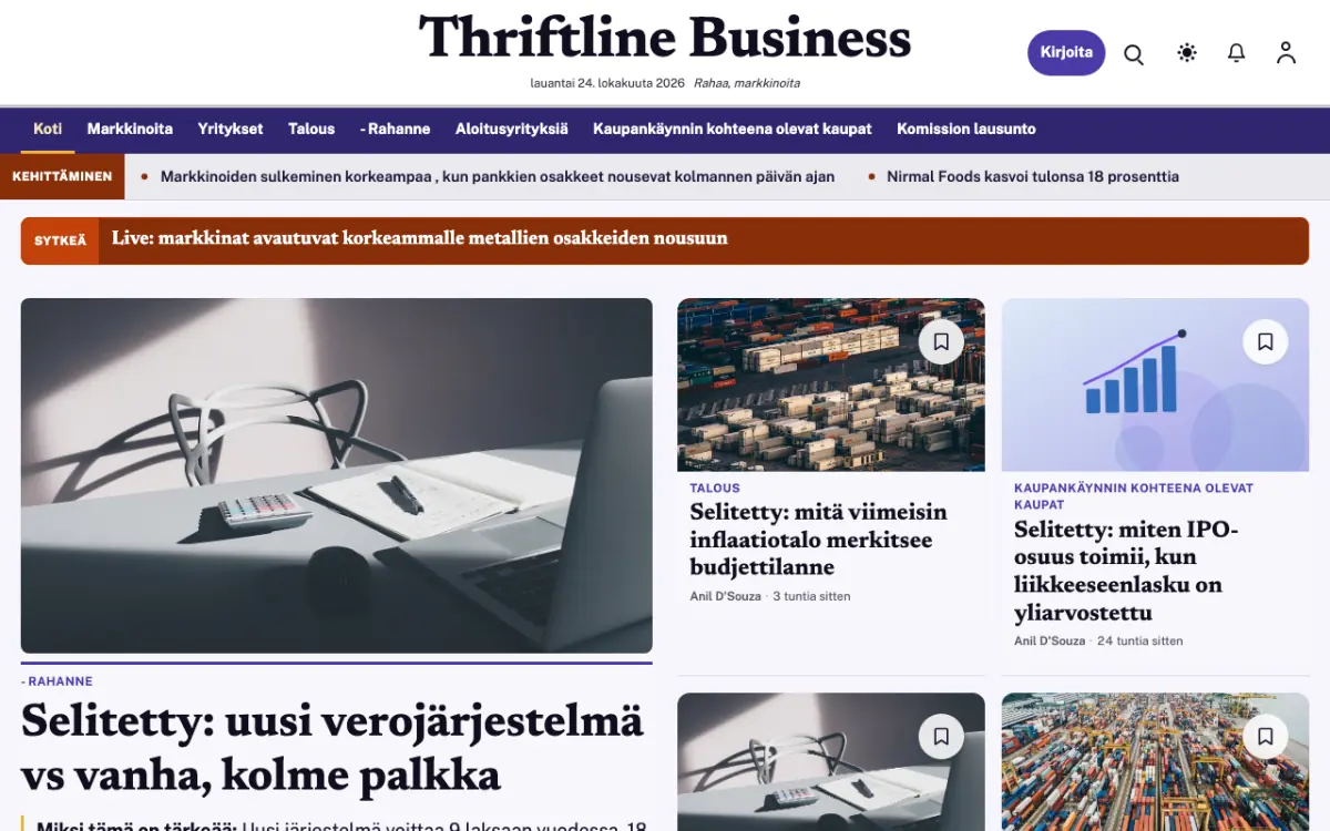 Thriftline – verkkosivumalli (Talous News), työpöytänäkymä