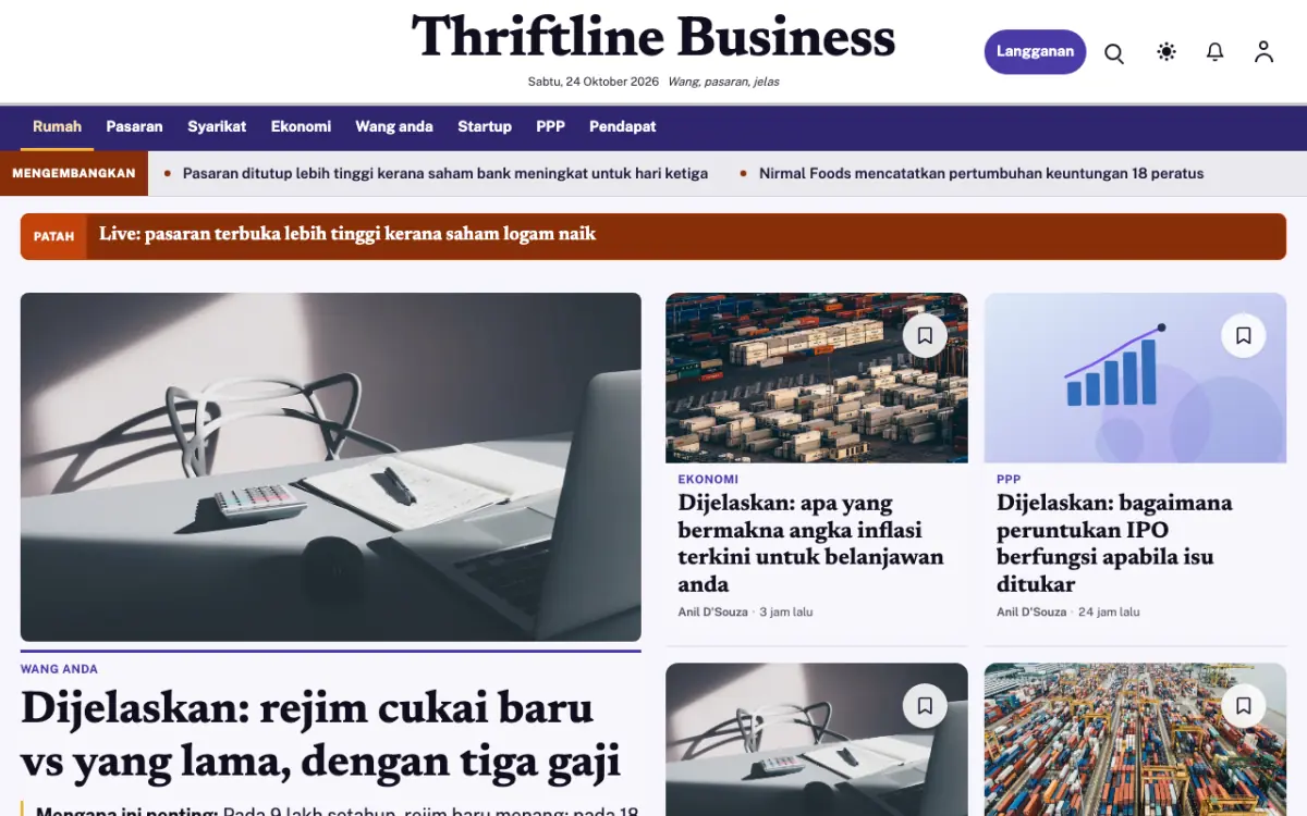 Thriftline — templat laman web Berita Perniagaan, paparan desktop