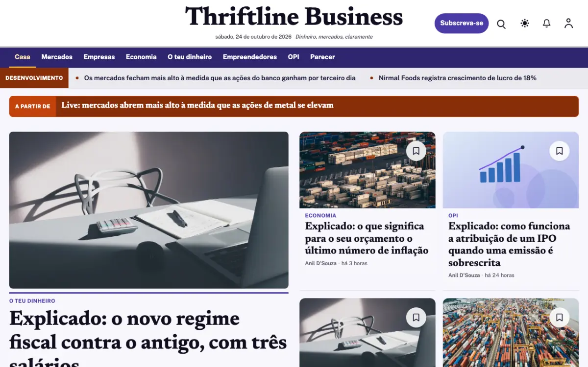 Thriftline — modelo de site de Notícias de Negócios, vista em computador