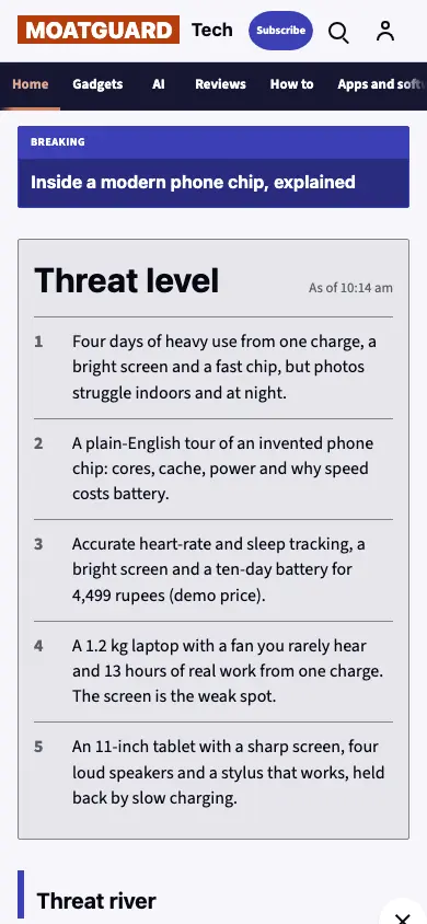 Moatguard — Technology News app, phone view