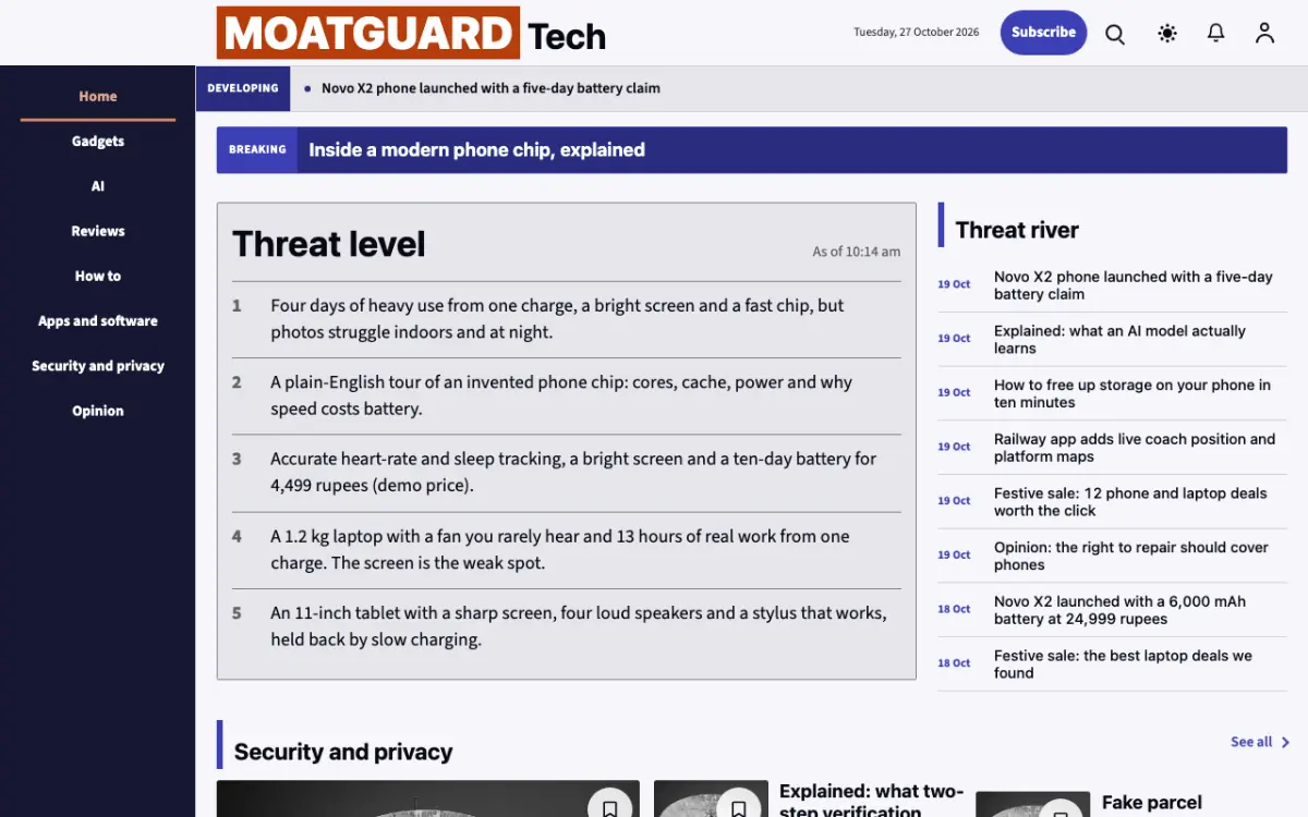 Moatguard — Technology News website template, desktop view