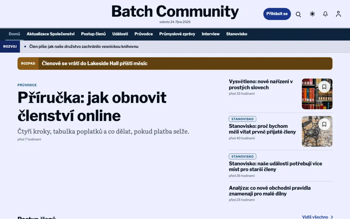 Batch — šablona webu v kategorii Komunita: zprávy, zobrazení na počítači