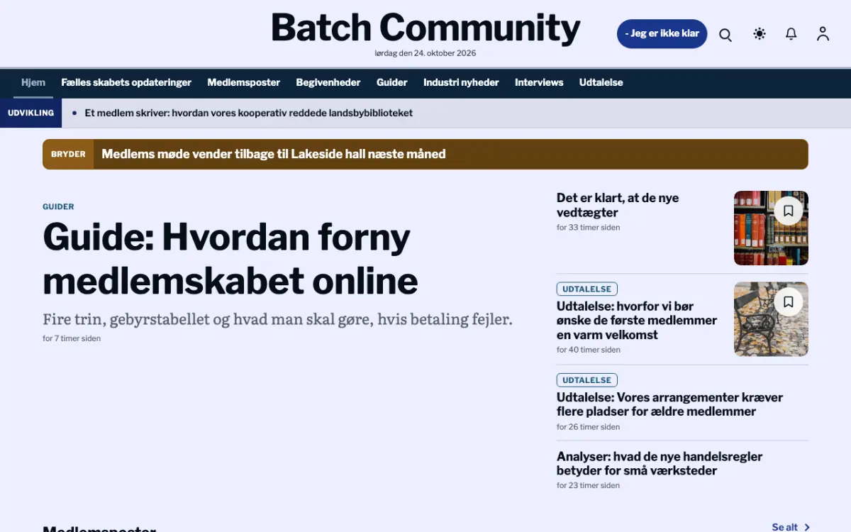 Batch – hjemmesideskabelon til Fællesskab News, skrivebordsvisning