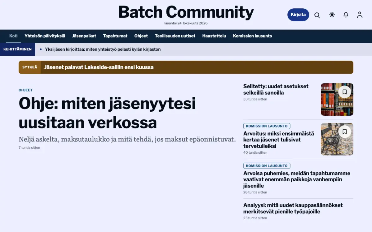Batch – verkkosivumalli (Yhteisö News), työpöytänäkymä