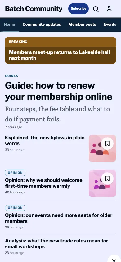 Batch — Community News app, phone view