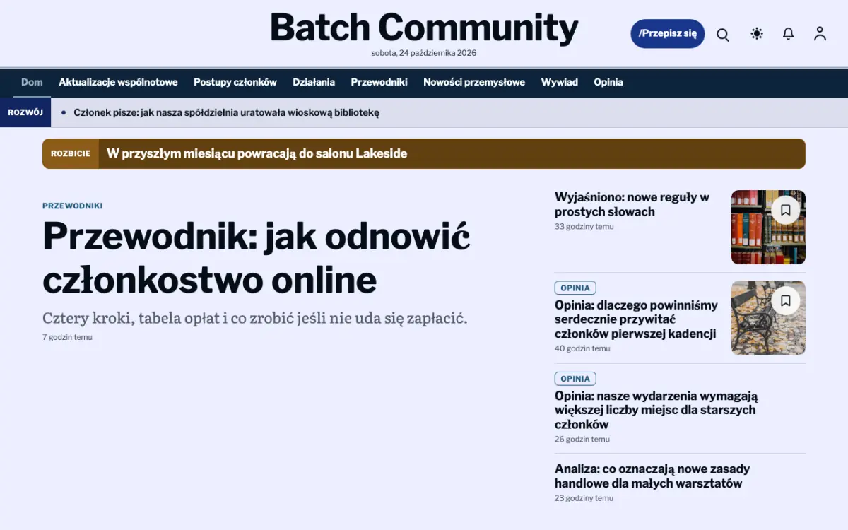 Batch – szablon strony (Społeczność: wiadomości), widok na komputerze
