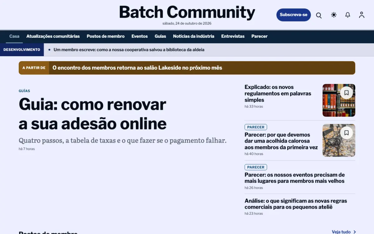 Batch — modelo de site de Notícias de Comunidade, vista em computador