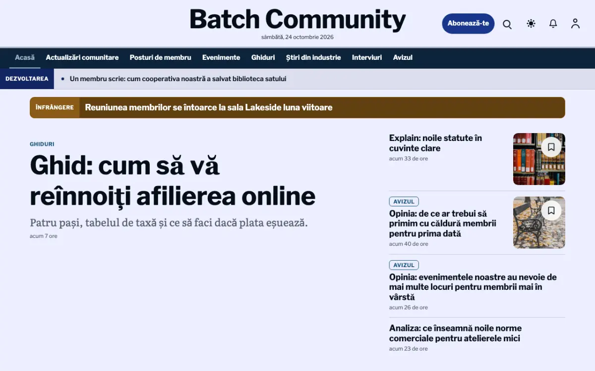 Batch – șablon de site pentru Știri Comunitate, vedere pe desktop