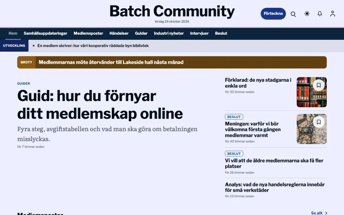Batch – webbplatsmall för Gemenskap News, skrivbordsvy