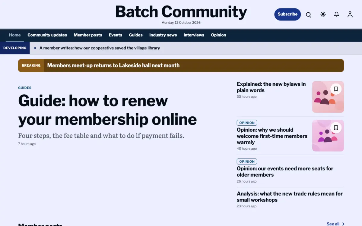 Batch — Community News website template, desktop view