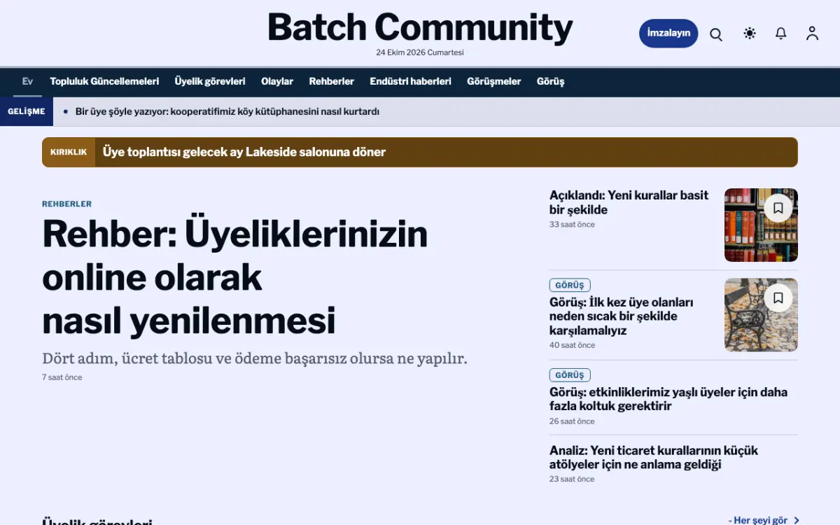 Batch — Topluluk Haberleri web sitesi şablonu, masaüstü görünümü