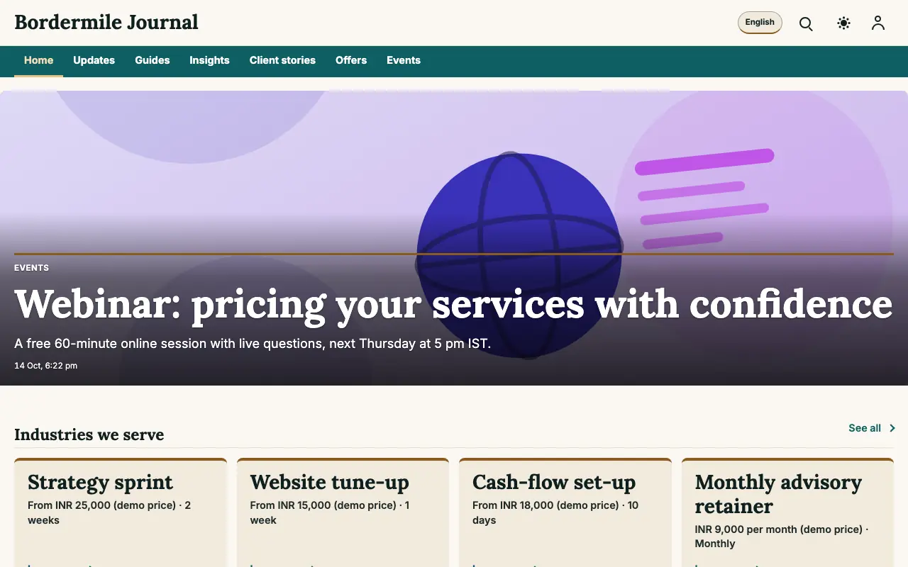 Bordermile — Blog website template, full desktop view