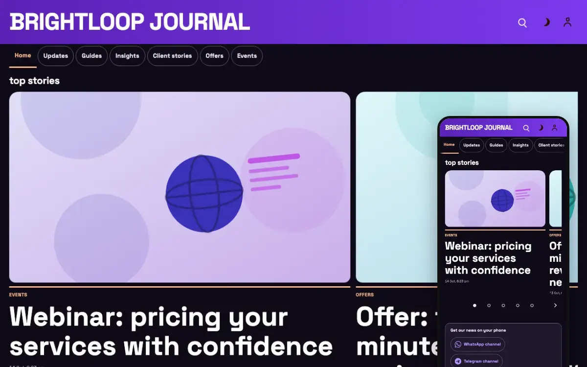 Brightloop – hjemmesideskabelon til Blog, skrivebordsvisning