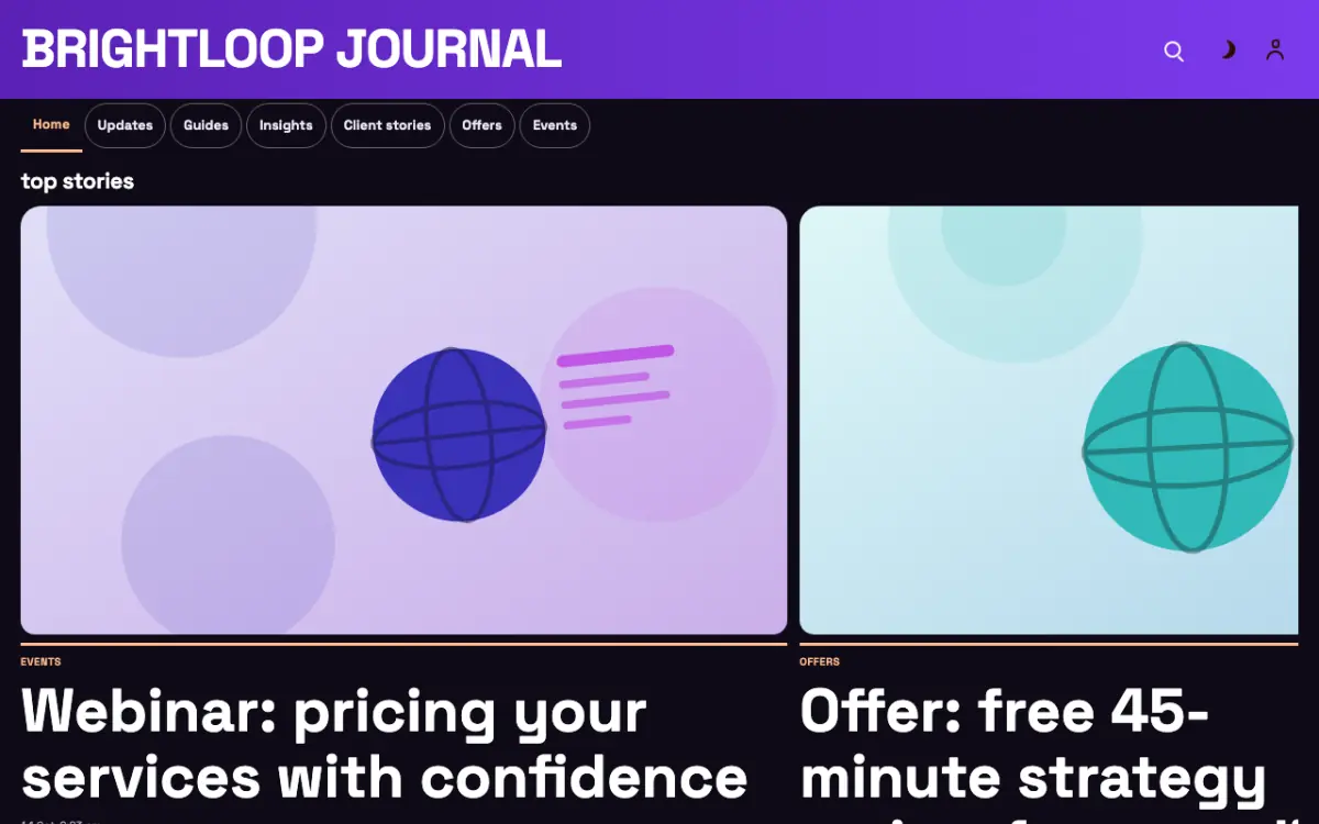 Brightloop — Blog website template, desktop view
