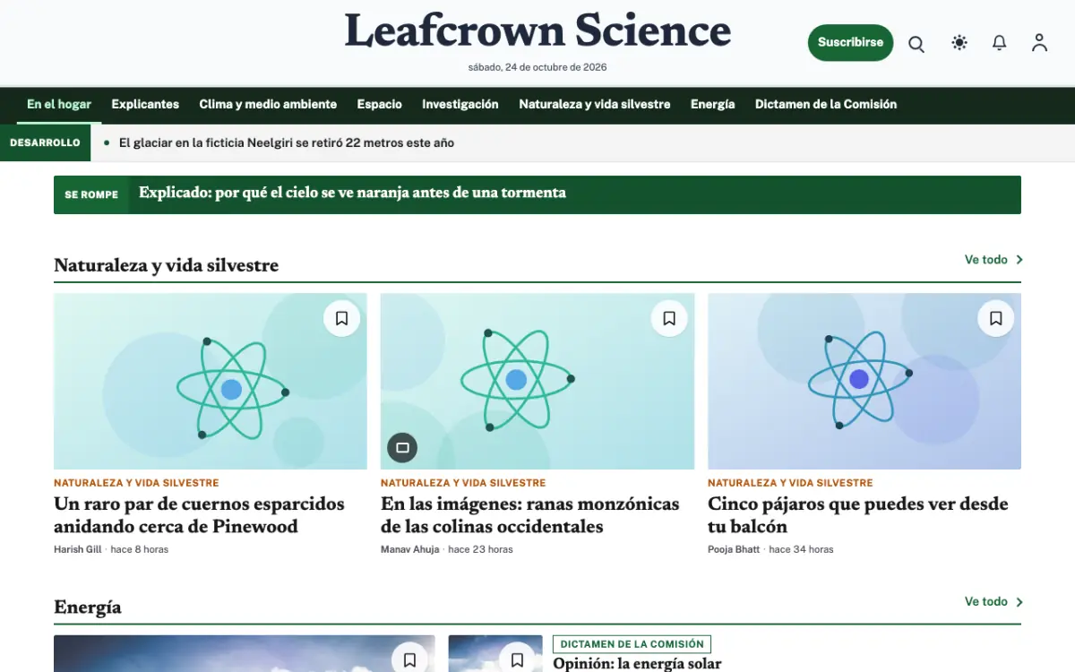 Leafcrown — plantilla de sitio web de Noticias de Ciencia, vista de escritorio