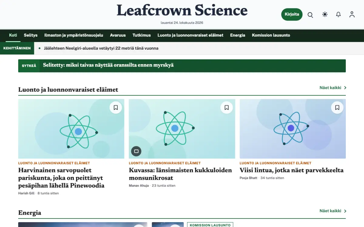 Leafcrown – verkkosivumalli (Tiede News), työpöytänäkymä