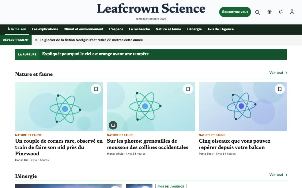 Leafcrown — modèle de site web Actualités Science, vue sur ordinateur