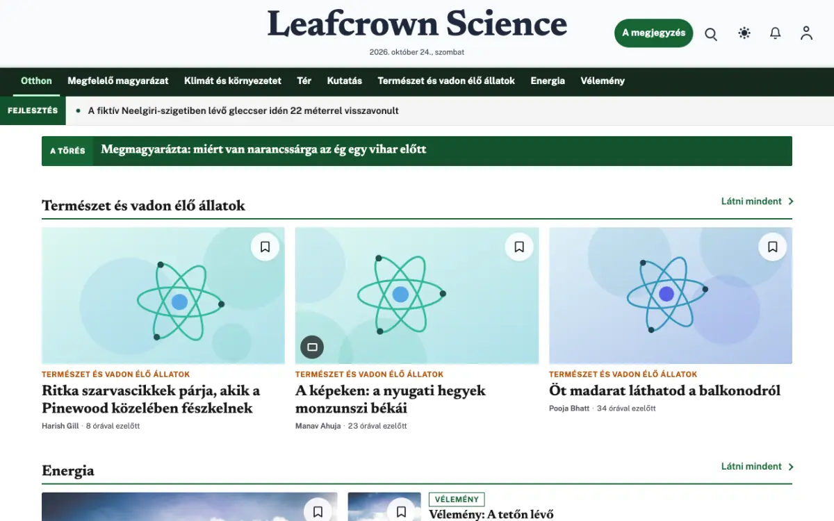 Leafcrown — Tudomány: hírek weboldalsablon, asztali nézet