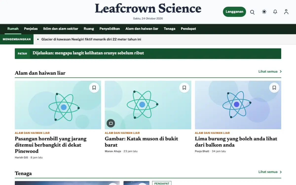 Leafcrown — templat laman web Berita Sains, paparan desktop