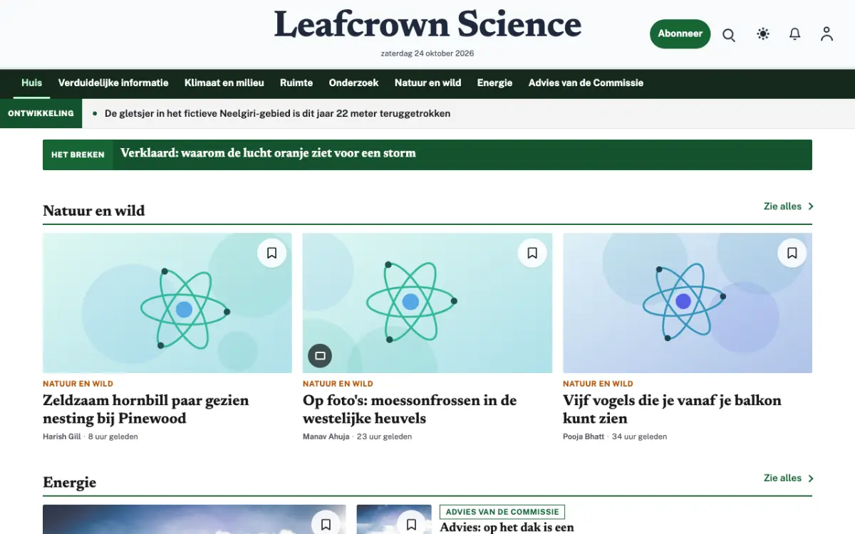 Leafcrown – websitetemplate voor Wetenschapnieuws, desktopweergave