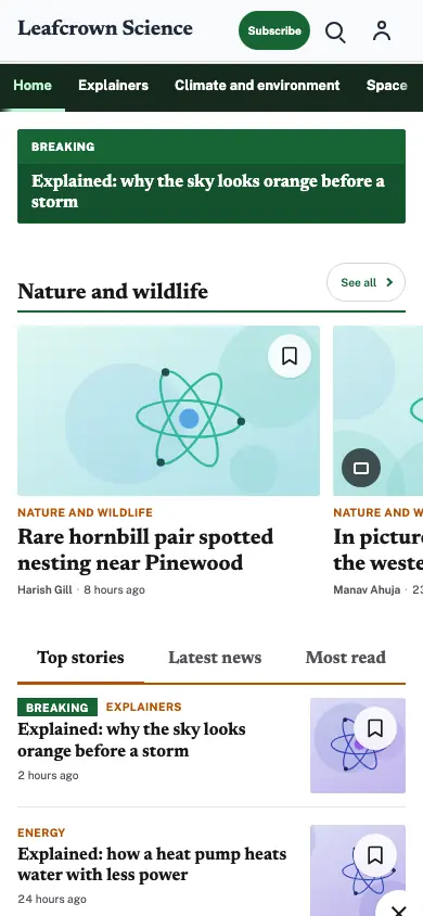 Leafcrown — Science News app, phone view