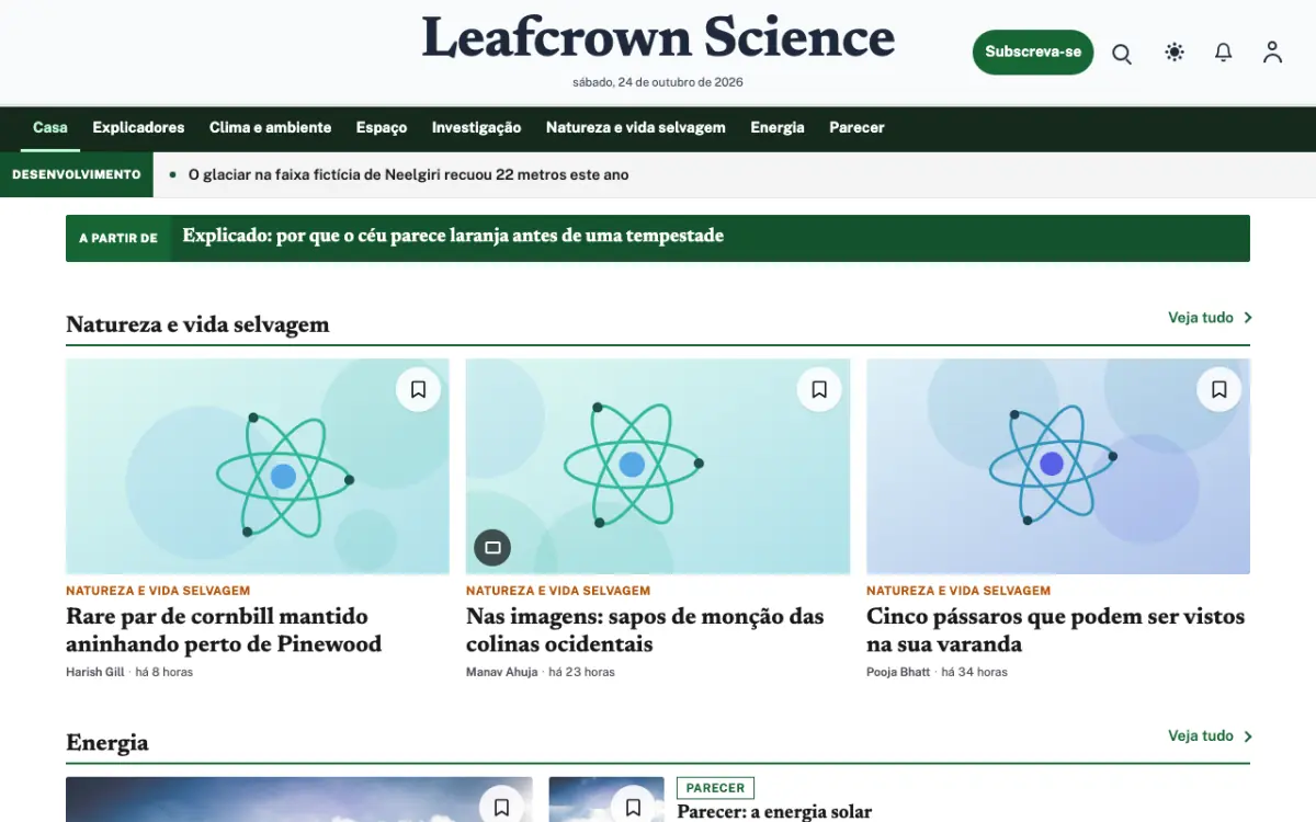 Leafcrown — modelo de site de Notícias de Ciência, visualização em desktop