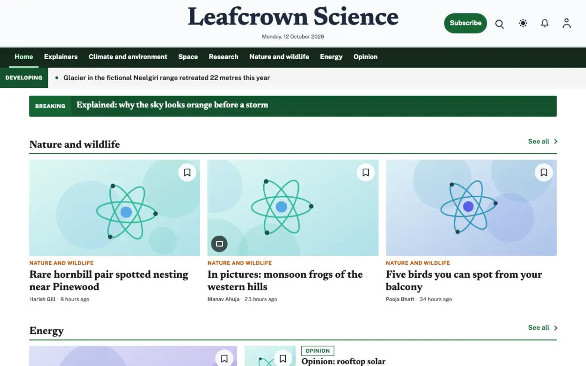 Leafcrown — Science News website template, desktop view