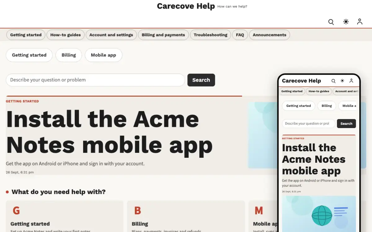 Carecove — Support Center 웹사이트 템플릿, 데스크톱 화면