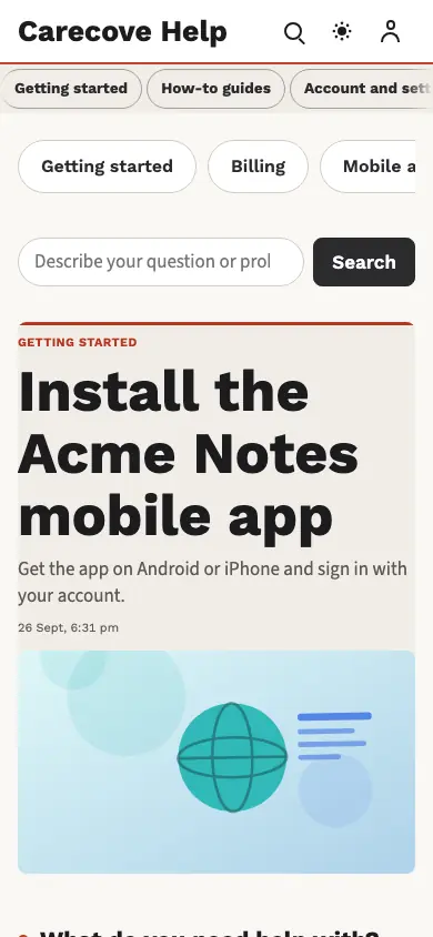 Carecove — Support Center app, phone view