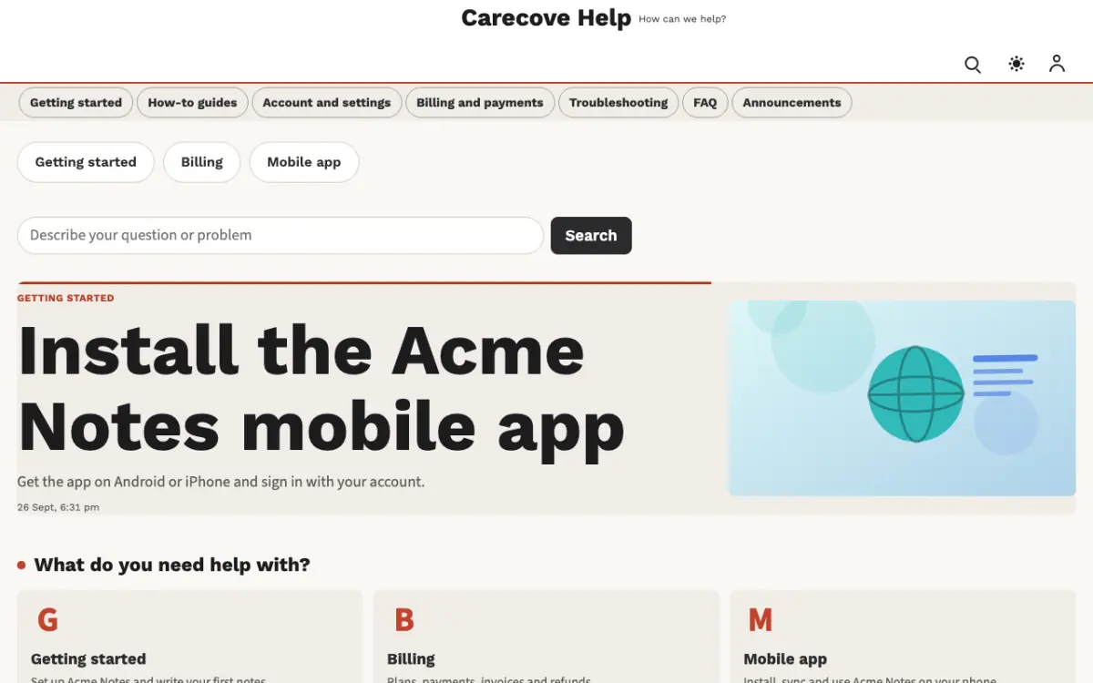 Carecove — Support Center website template, desktop view