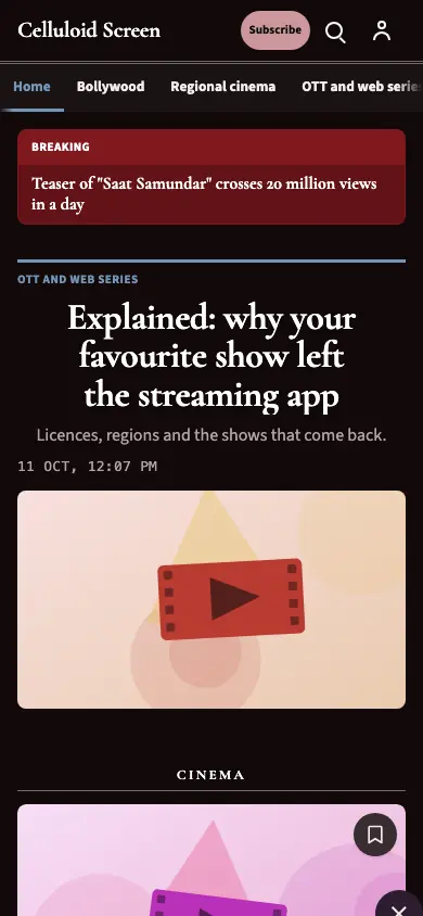 Celluloid — Entertainment News app, phone view