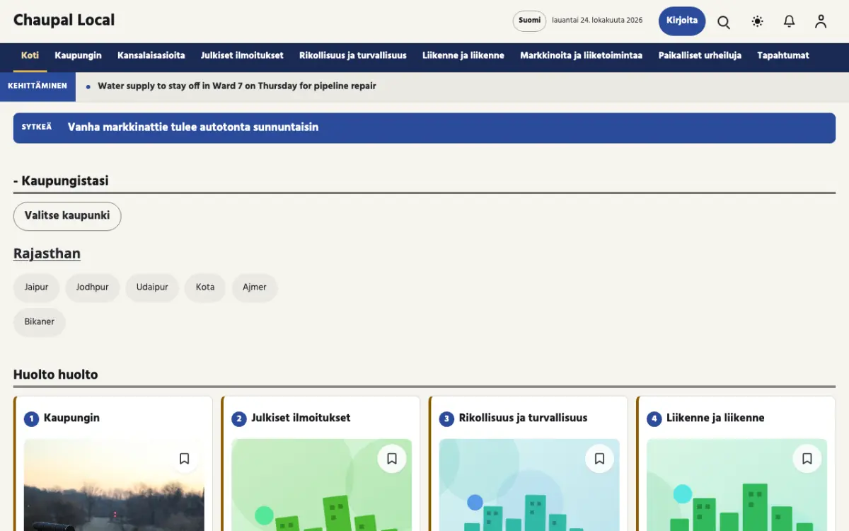 Townwell – verkkosivumalli (Paikalliset News), työpöytänäkymä