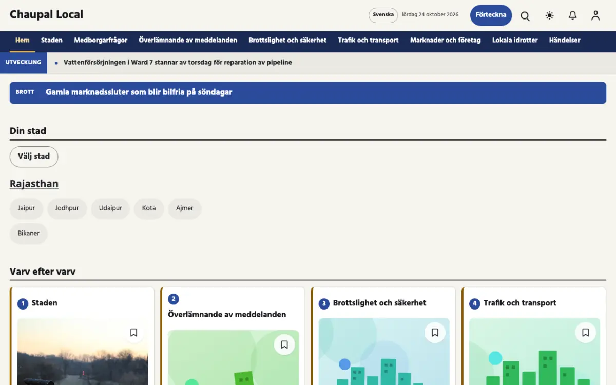 Townwell – webbplatsmall för Lokalt News, skrivbordsvy