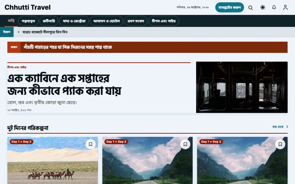 Sunwander — ভ্রমণ সংবাদ ওয়েবসাইট টেমপ্লেট, ডেস্কটপ ভিউ